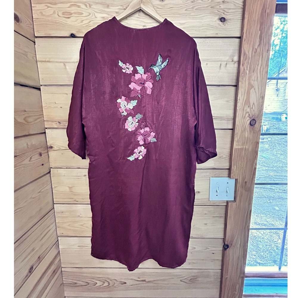 Burgundy Floral Hummingbird‎ Embroidered Kimono Duster Robe Open Front Small